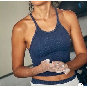 Free People FP Movement Happiness Runs Crop Tank Navy Blue Ribbed Racerback M/L